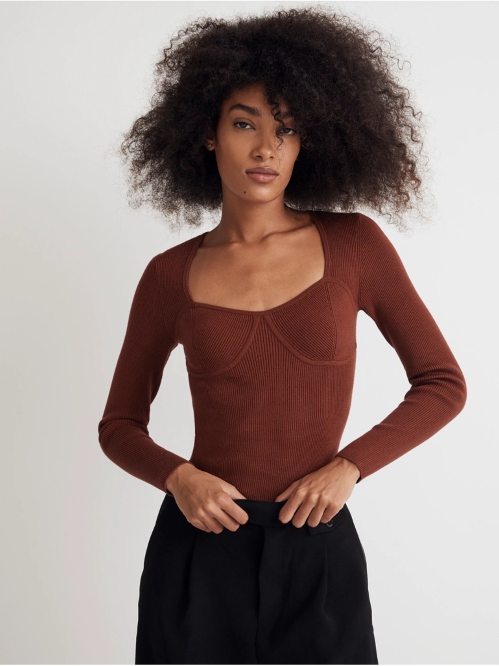 Madewell Signature Knit Sweater Top Brown Sweetheart Neck Bustier Seaming Large